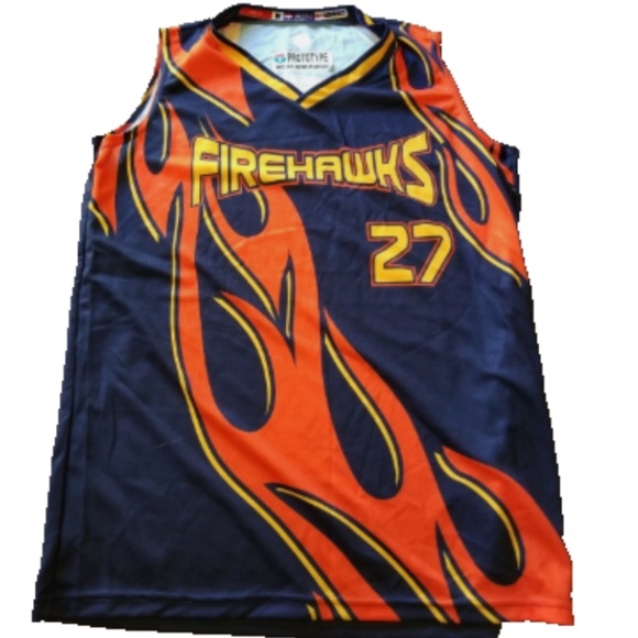 FIREHAWKS SIMS #27 BASKETBALL JERSEY FLAMES PROTOTYPE PREOWNED BLUE ORANGE - Picture 1 of 9